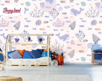 Removable Wallpaper for baby room, Peel and Stick Wall Mural, Sea Bottom Wall Decals, Toddler room Wall Decor by Kids Shopyland, W174