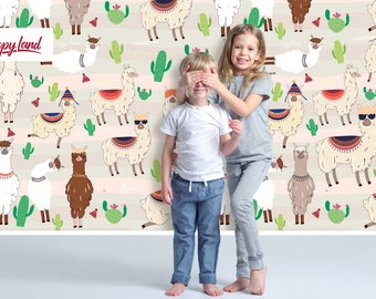 Cool Llamas Removable Wallpaper, Peel and Stick Kids Wallpaper, Cool Llamas Wall Mural, Nursery Wallpaper, Children's Room, W112