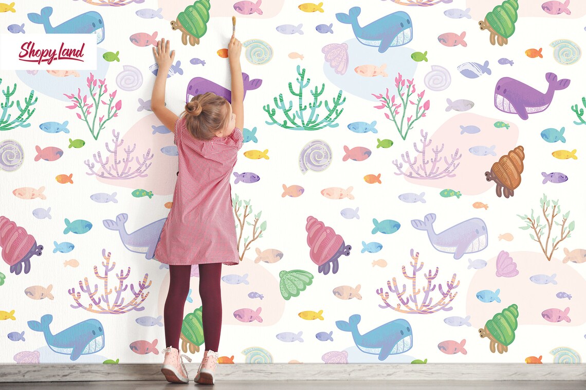 Colorful Sea Life Wallpaper, Removable Wallpaper for Baby Room, Nursery