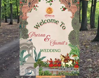 May include: A wedding welcome sign with a traditional Indian design. The sign features a floral archway, a peacock, and a procession of people on horseback. The text on the sign reads "Welcome to Prerna & Sumit's Wedding".