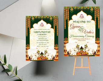 Pichwai Housewarming Invitation Bundle, Griha Pravesha Sign Canva Template (Digital download & Printable)