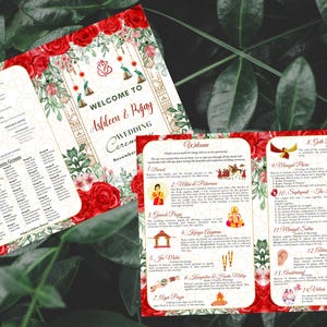 May include: A wedding ceremony program with red roses and gold accents. The program includes a welcome message, a list of wedding ceremony events, and a seating chart. The text on the program reads "Welcome to Ashleen & Rigay Wedding Ceremony".