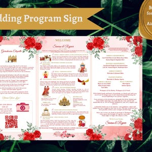 May include: A wedding program sign with a gold banner reading "Wedding Program Sign." The sign features a pink background, red floral accents, and text. It includes the text "Welcome" and "Made to Order for digital download by AzZOnlinemaarket."