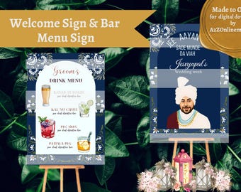 Op de afbeelding: Twee trouwborden op ezels. Eén is een drankmenu met de tekst "Grooms Drink Menu" en drankillustraties. Het andere bord heeft een portret en de tekst "Jee Aayam Sade Munde Da Viah Jesvynpal's Wedding week".