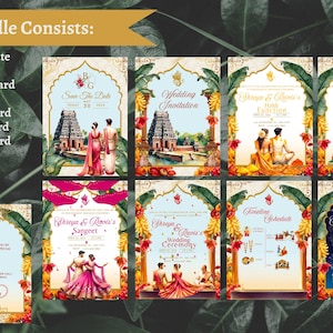 Modelo de convite de vídeo de casamento editável do sul da Índia - Link de edição do Canva com Save the Date, Haldi, Mehndi, Sangeet, Recepção e Casamento