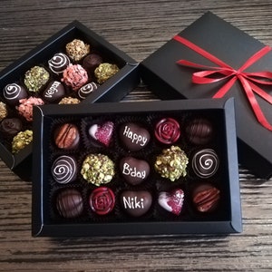 Vegan HAPPY BIRTHDAY Personalised Box of 15 mix artisan chocolates. Free shipping. Belgian Artisan Chocolate truffles. Handmade chocolate image 7