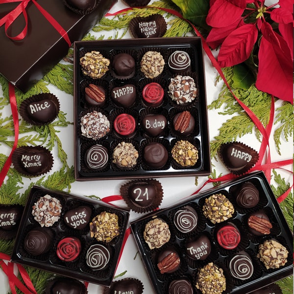 Vegan chocolate truffles. Personalised Box of 12/16/25 mix artisan chocolates. Free shipping. Belgian Artisan truffles. Handmade chocolate