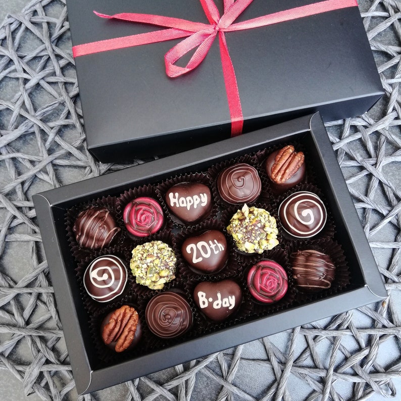 Vegan HAPPY BIRTHDAY Personalised Box of 15 mix artisan chocolates. Free shipping. Belgian Artisan Chocolate truffles. Handmade chocolate image 5