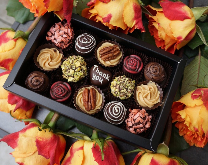 THANK YOU! Personalised Box of 16 mix VEGAN artisan chocolates. Free shipping. Belgian Chocolate truffles Artisan chocolate Handmade
