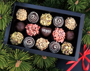 Vegan chocolate truffles. Personalised Box of 16 mix artisan chocolates. Free shipping. Belgian Artisan truffles. Handmade chocolate