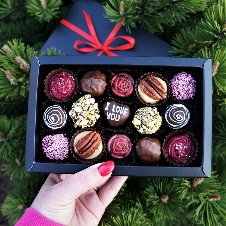 I LOVE YOU. Personalised Box of 15 mix artisan chocolates. Free shipping. Belgian Artisan truffles. Handmade chocolate image 1