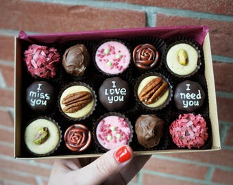 I MISS you! I NEED you! I LOVE you! Personalised Box of 15 mix artisan chocolates. Free shipping. ArtisanChocolate truffles Handmade