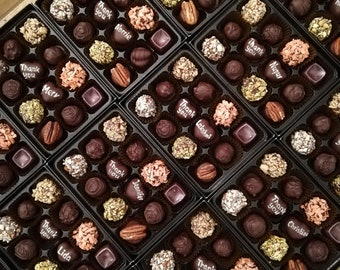 9 boxes of 12 vegan chocolates. Free shipping to one address. Personalized. Handmade. Gluten free