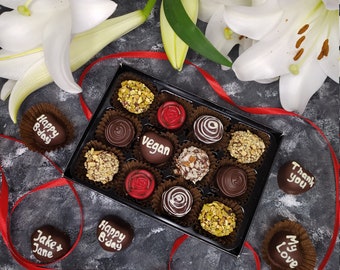 Vegan chocolate truffles. Personalised Box of 12 mix artisan chocolates. Free shipping. Belgian Artisan truffles. Handmade chocolate