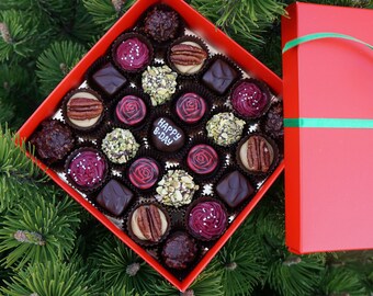 Birthday's Box of 25 mix vegan artisan chocolates. Free shipping. Belgian Chocolate truffles Artisan chocolate Handmade chocolate