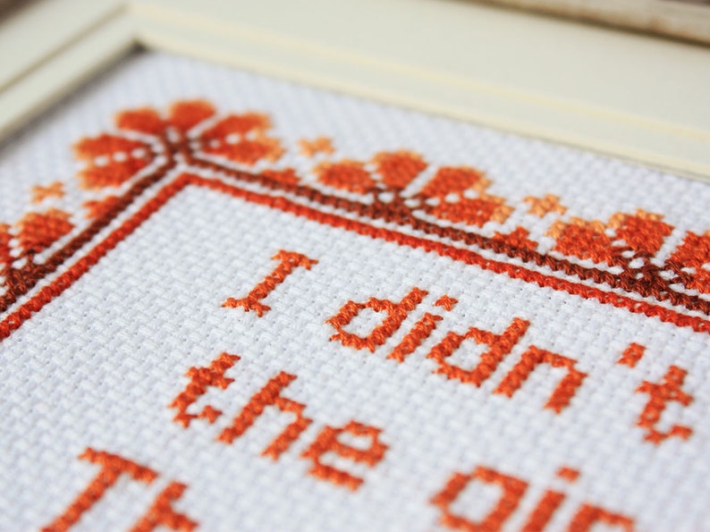 May include: Cross-stitch artwork in a white frame. The piece features orange text that reads "I didn't the girl". The border is decorated with an orange and brown floral design. The background is white fabric.
