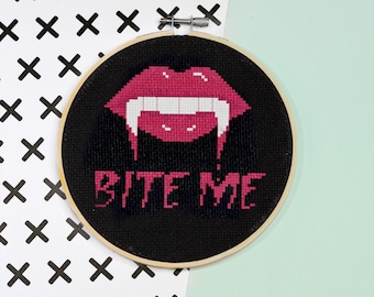 Bite Me Cross Stitch Pattern, Halloween Needlepoint, PDF Digital Download