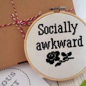 Socially Awkward Cross Stitch Kit for Beginners, Funny Needlepoint, Galentines Day, Awkward Valentine