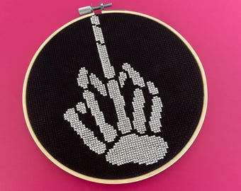 Skeleton Middle Finger Halloween Cross Stitch PDF Digital Pattern