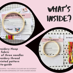 May include: A cross-stitch kit for beginners, featuring an embroidery hoop, Aida fabric, needles, thread, a printed pattern, and a how-to guide. The kit includes colorful embroidery thread and is presented with the text "What's Inside?"
