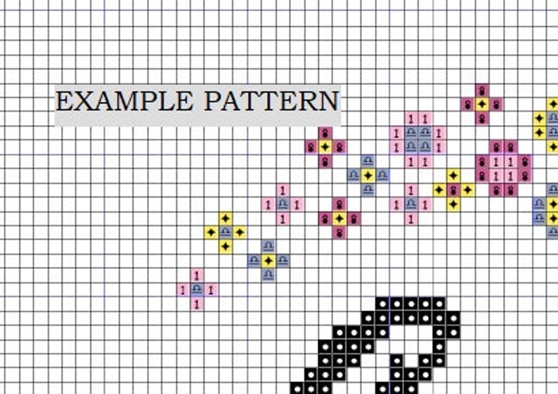 May include: A cross-stitch pattern grid with the text "EXAMPLE PATTERN". The pattern features various colored blocks, including pink, yellow, and blue, with numbers and symbols. A black and white design is at the bottom.