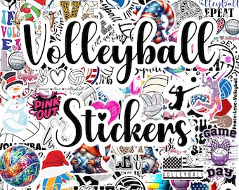 May include: A collection of colorful volleyball stickers with various designs, including volleyballs, hearts, and text. The word "Volleyball" is prominently displayed in large, black lettering, with the word "Stickers" below it. The stickers feature a variety of colors and patterns.