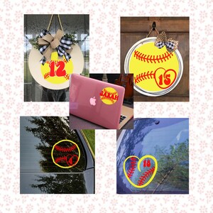 May include: Four different softball-themed decorations. A yellow softball with red stitching and a red number 12 on a wooden door hanger. A yellow softball with red stitching and a red heart with the number 15 on a wooden door hanger. A yellow softball with red stitching and the word "SARAH" on a laptop sticker. A yellow softball with red stitching and a red heart with the number 18 on a car window sticker.