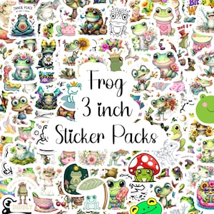 May include: A collection of assorted frog stickers featuring various illustrations of frogs with flowers, mushrooms, and accessories. The central text reads Frog 3 inch Sticker Packs. The stickers are colorful and depict frogs in different poses and settings.