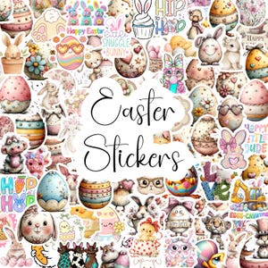 May include: A collection of colorful Easter stickers featuring bunnies, decorated eggs, and floral designs. The stickers include the text "Easter Stickers", "Happy Easter", and other holiday-themed phrases. The stickers are in various shapes and sizes.