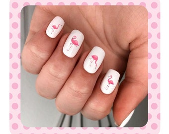 Flamingo Nail Decals, Pink Summer Fingernail Art, Water Transfer Tattoos, 100 images per full set