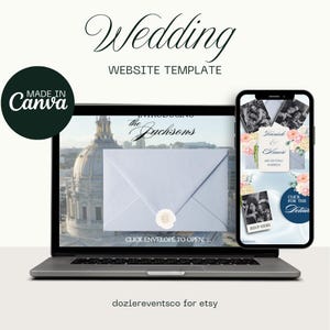 May include: A laptop and smartphone display a wedding website template. The laptop screen shows a light blue envelope with a wax seal, and the text "CLICK ENVELOPE TO OPEN." The smartphone displays wedding photos and RSVP information. The text "Wedding WEBSITE TEMPLATE" is at the top.