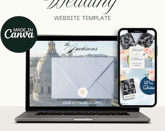 May include: A laptop and smartphone showcase a wedding website template. The laptop screen displays a light blue envelope with a wax seal, and the text "CLICK ENVELOPE TO OPEN." The smartphone shows wedding photos and RSVP details. The text "Wedding WEBSITE TEMPLATE" is at the top.