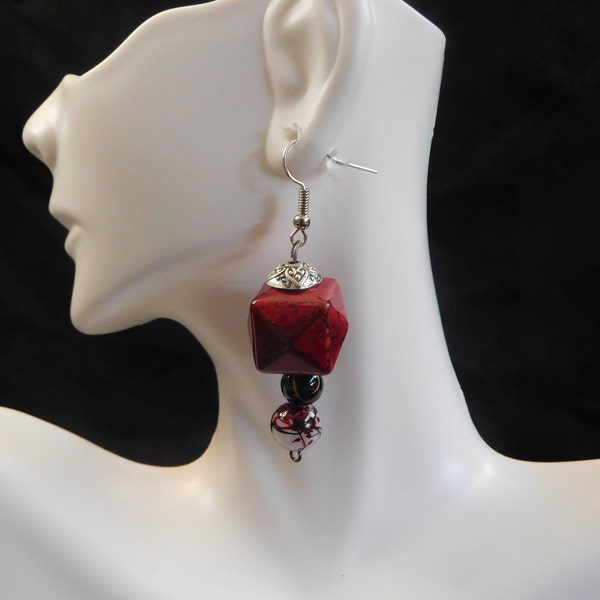 Dangle Earrings Original Handcrafted "Abstract Scarlet Cube" Geometric Jewelry Unique Ready to Wear Accessory Gift Set (2 pc)