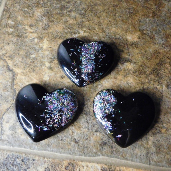 Black Epoxy Resin Heart Magnet Original "Party Noir" Rainbow Glitter Confetti Anniversary Wedding Valentine's Day Gift Set (3pc)