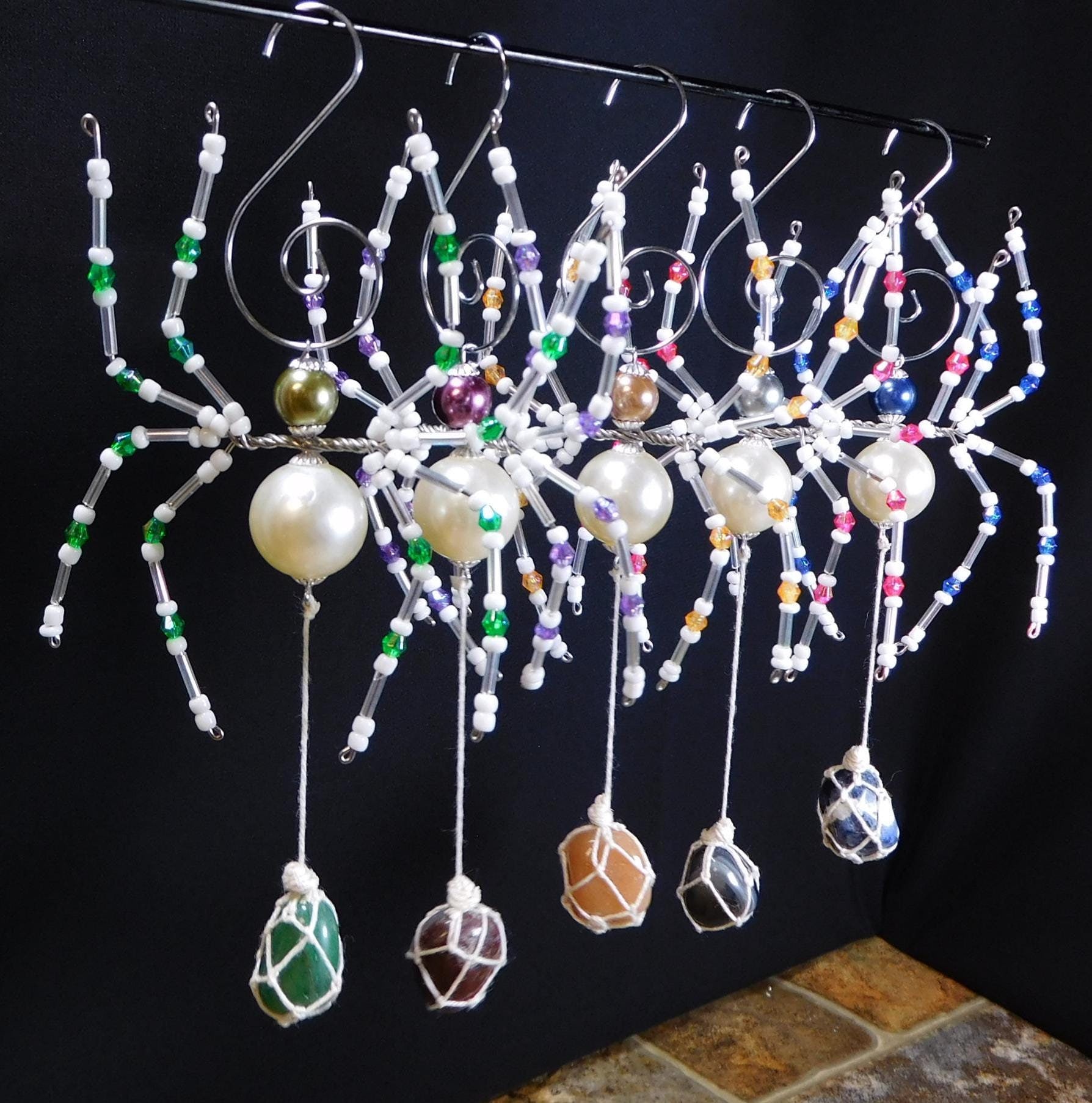 Wire and Bead Spider with Netted Rock Ornament Original Handmade Décor Hanging Decoration Tabletop Unique Holiday Christmas Trinket Gift
