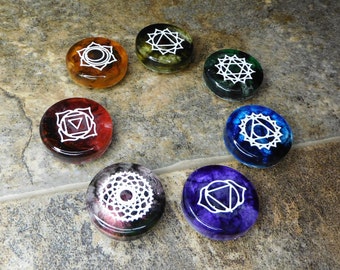 Epoxy Resin Chakra Magnet Gift Set (7pc) Hand Painted White Symbols with Smoky Colors Meditation Yoga Tool Refrigerator Decoration
