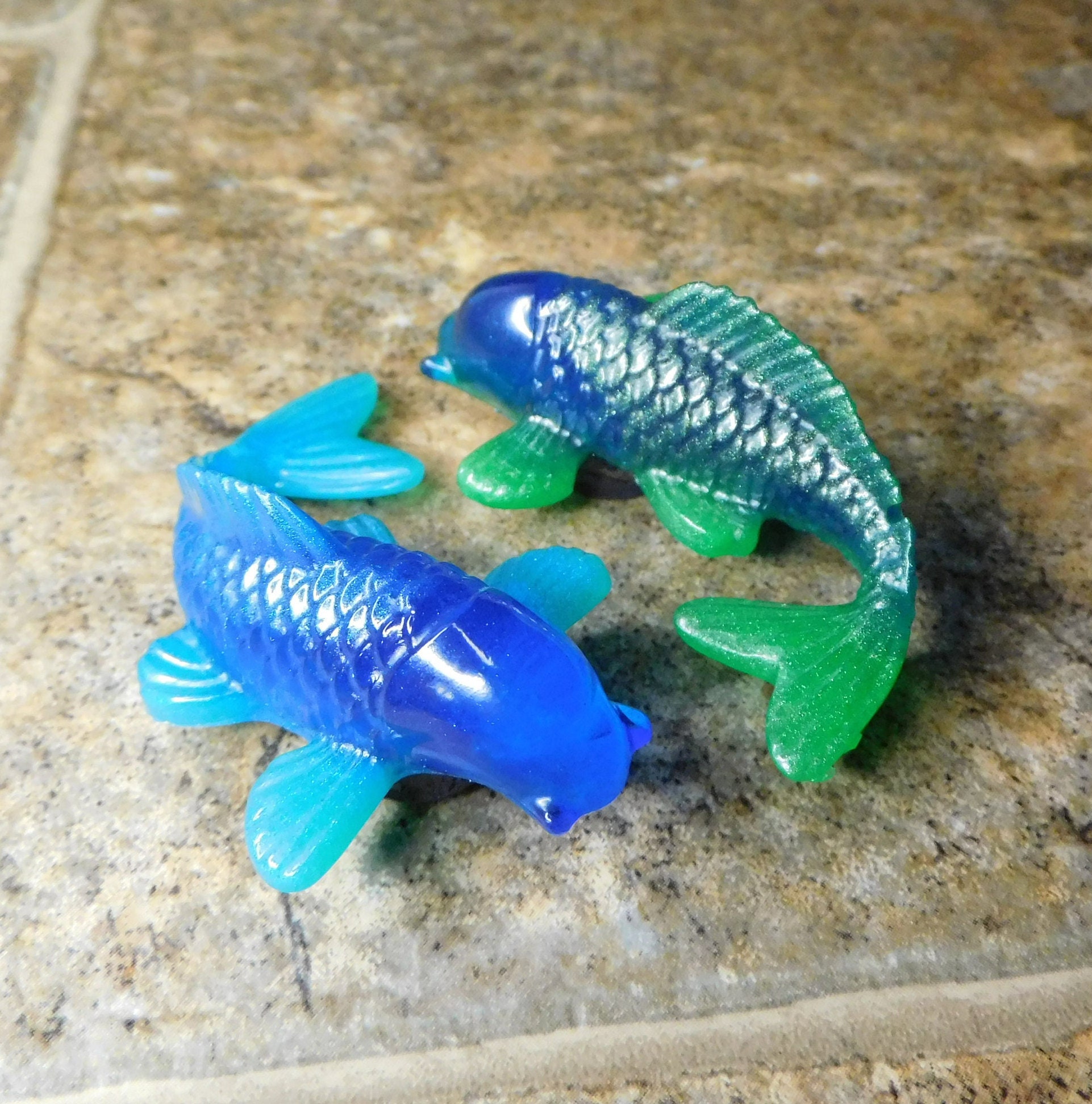 Blue Epoxy Resin Koi Fish Magnet Set Original Handmade "Aqua Wave" Pair with Blue and Green Fins Fun Refrigerator Decoration