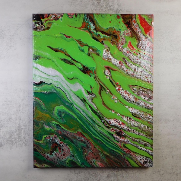 Fluid Art Paint Pour 11x14 Inch Stretched Canvas Hand Painted Original "The Green Wave" Abstract Acrylic Wall Home Décor Hanging Decoration