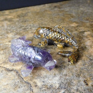 Clear Epoxy Resin Koi Fish Magnet Set Original Handmade &quot;Stone Pond&quot; Pair with Tigers Eye and Amethyst Bodies Fun Refrigerator Decoration