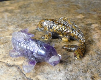 Clear Epoxy Resin Koi Fish Magnet Set Original Handmade &quot;Stone Pond&quot; Pair with Tigers Eye and Amethyst Bodies Fun Refrigerator Decoration