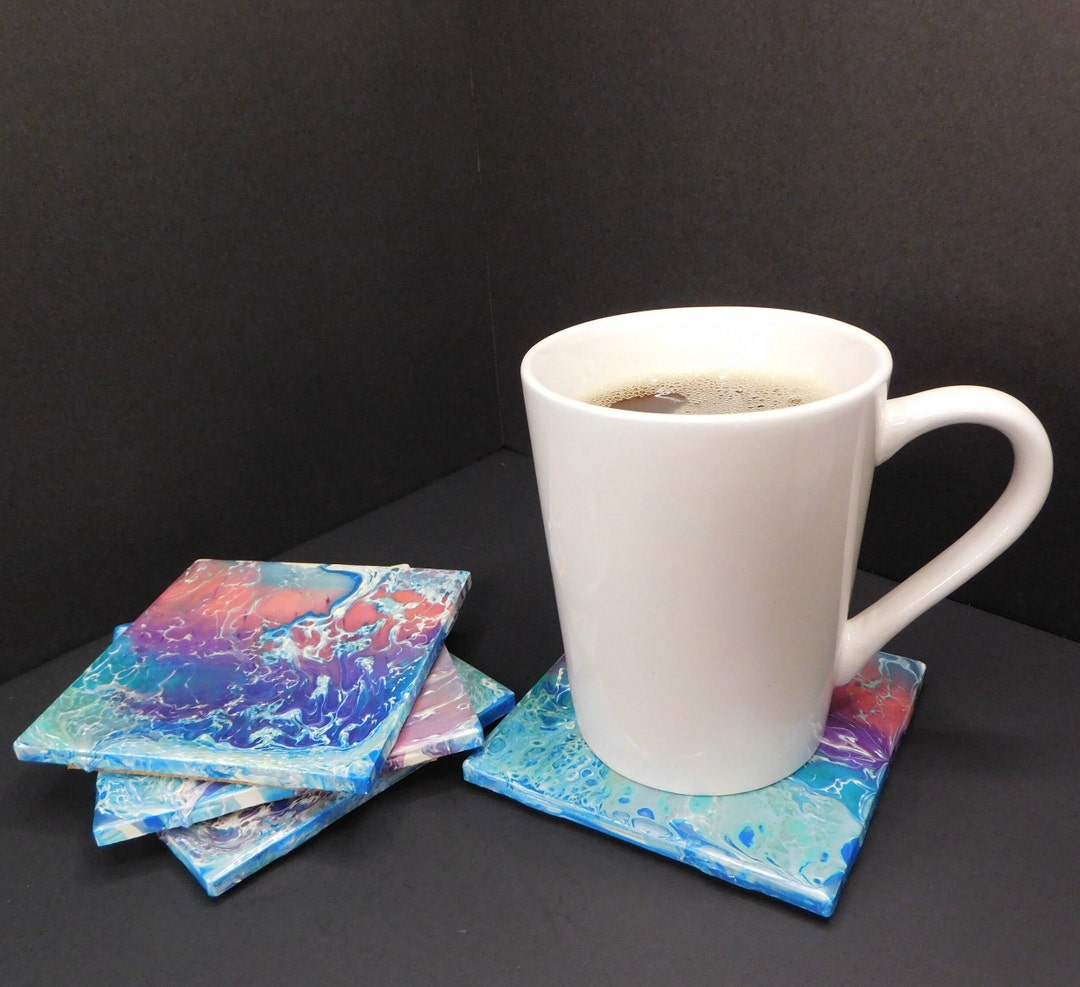Ceramic Tile Coaster Gift Set 4pc Original Hand Painted Acrylic Fluid