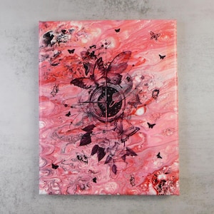 Fluid Art Paint Pour 8x10 Inch Stretched Canvas Hand Painted Original "Butterfly Effect" Embellished Abstract Acrylic Wall Art Home Décor