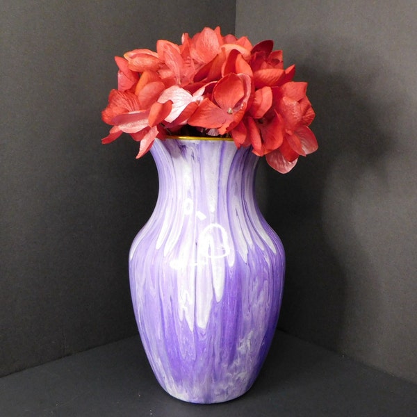 Original Hand Painted Acrylic Fluid Art Large Purple Glass Flower Vase Home Decor