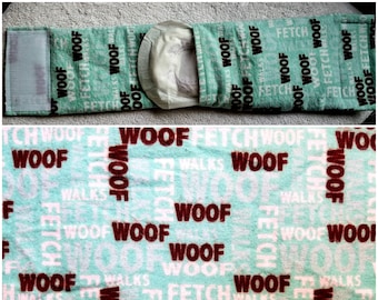 Male Dog Belly Band Custom Made Pee Diaper Wee Wrap Training Belt Flannel Hook & Loop Washable Reusable Blue WOOF Print