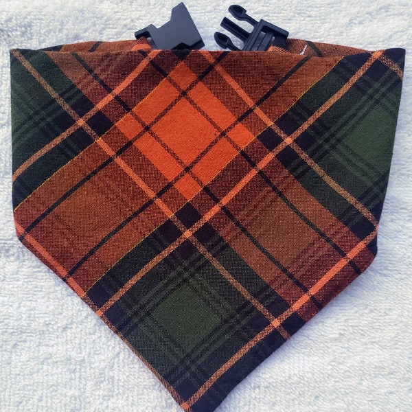 Buckle Dog Bandana Dog Pet Cat Bandanna Fall Autumn Green Orange Plaid Handmade to Order + Personalize Name or Text