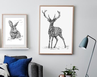 Stag Print, Stag Wall Art, Nordic Wall Art, Wall Art Print, Nordic, Scandi Print, Stag, Fine Art Print, Scandinavian, Prints, Pencil draw
