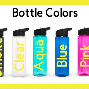 May include: Five water bottles with different colored bodies and black lids. The bottles are labeled with the following colors: Smoke, Clear, Aqua, Blue, and Pink.