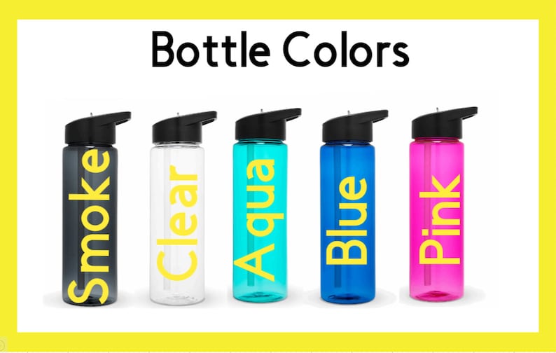 May include: Five water bottles with different colored bodies and black lids. The bottles are labeled with the following colors: Smoke, Clear, Aqua, Blue, and Pink.