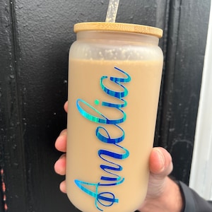 Personalized Iced Coffee Cup, Custom Glass with Lid and Straw, Glass Cup with Name, 16oz Glass Cup, Personalized Cup,Glass Tumbler with Name image 3