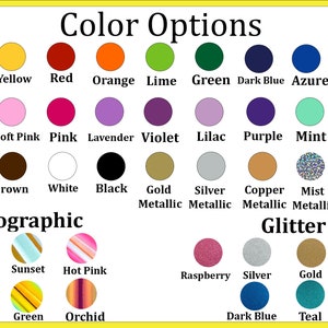May include: A chart of color options for a product. The colors are arranged in rows and columns, with the names of each color listed below. The colors include:  Brimstone, Yellow, Red, Orange, Lime, Green, Dark Blue, Azure, Ice Blue, Turquoise, Soft Pink, Pink, Lavender, Violet, Lilac, Purple, Mint, Coral, Beige, Brown, White, Black, Gold Metallic, Silver Metallic, Copper Metallic, Mist Metallic, Rainbow Metallic, Opal, Sunset, Hot Pink, Peacock, Green, Orchid, Raspberry, Silver, Gold, Black, Dark Blue, Teal, and Rose Gold.